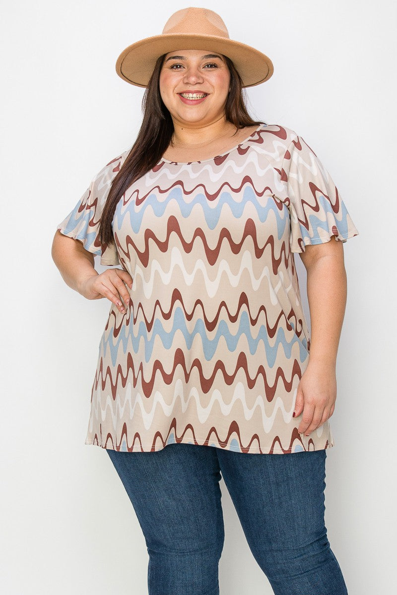 Brown Blue Swirl Wave Top w Wide Sleeves
