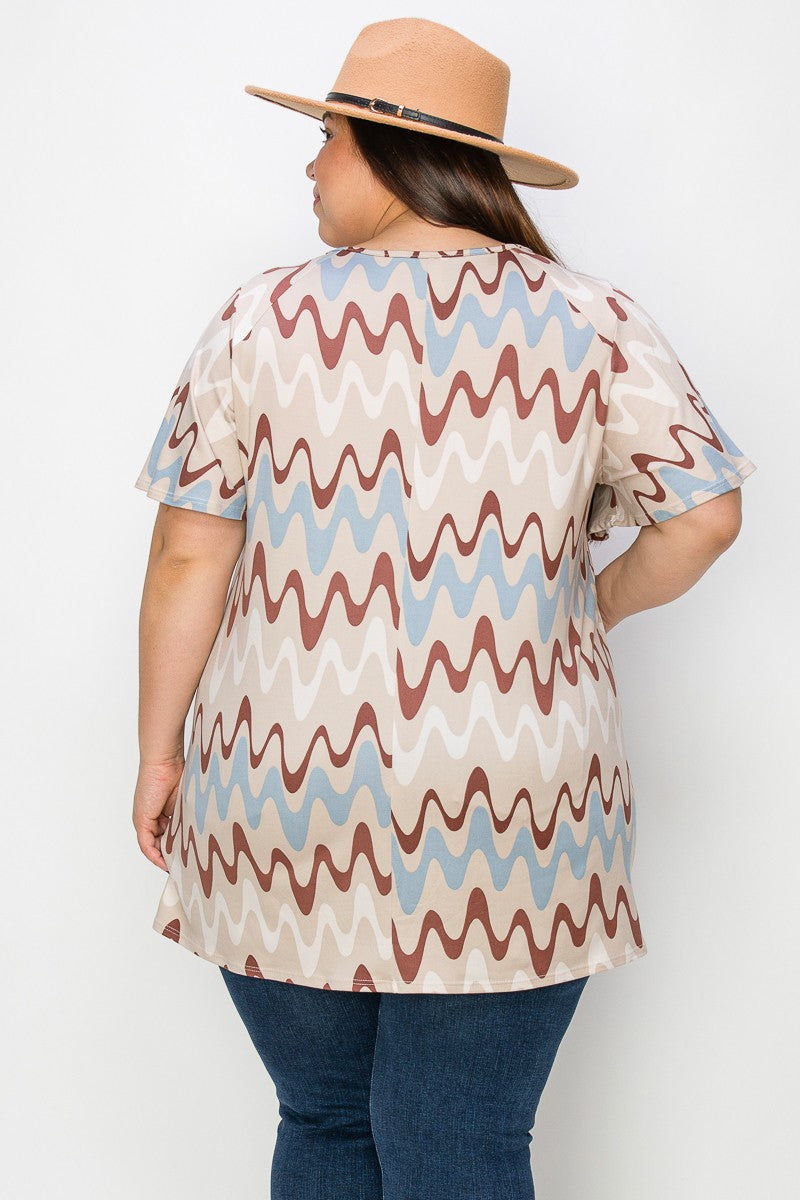 Brown Blue Swirl Wave Top w Wide Sleeves