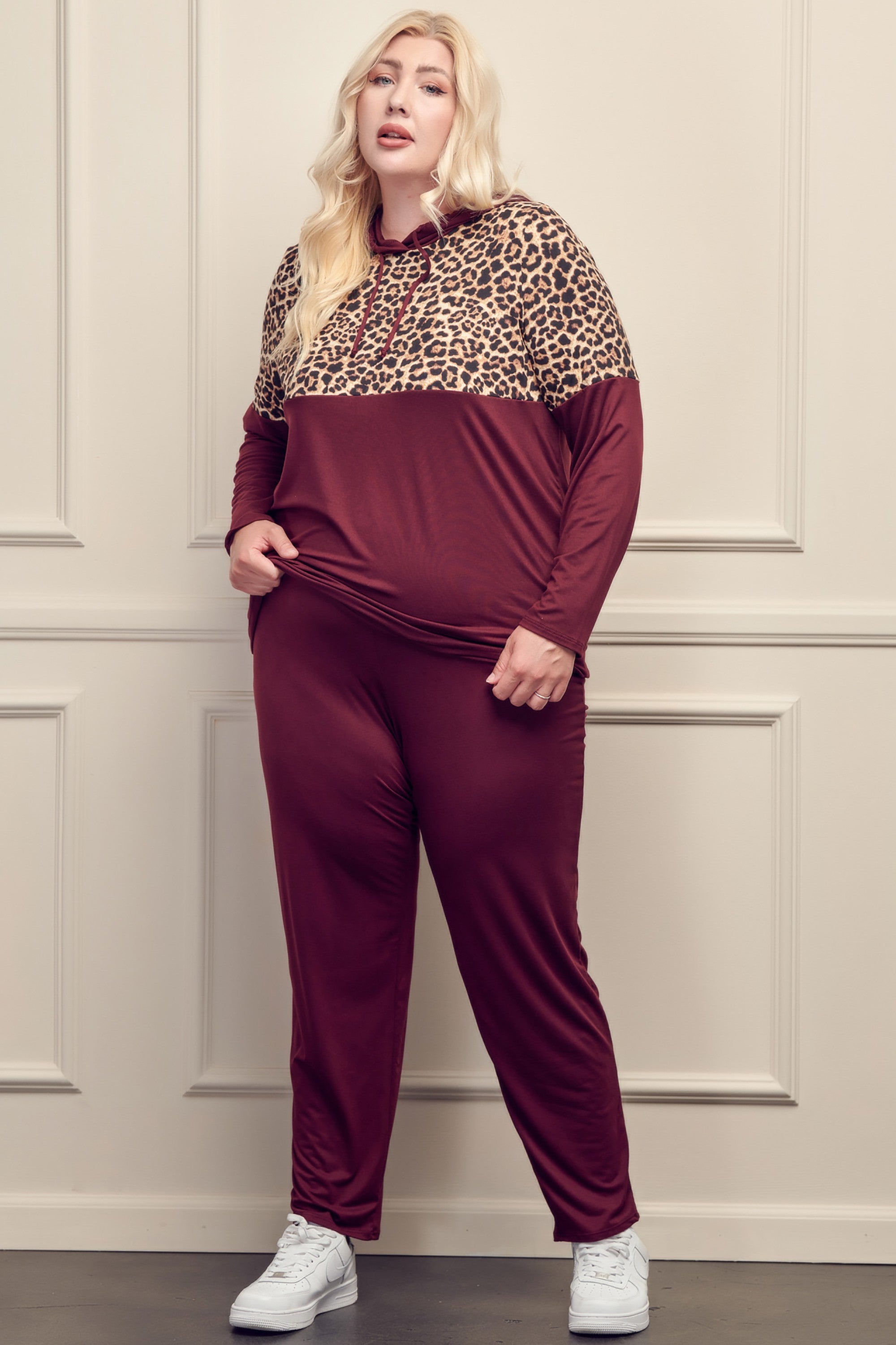 Burgundy Leopard 2 Piece Outfit Hooded Shirt Top & Pants
