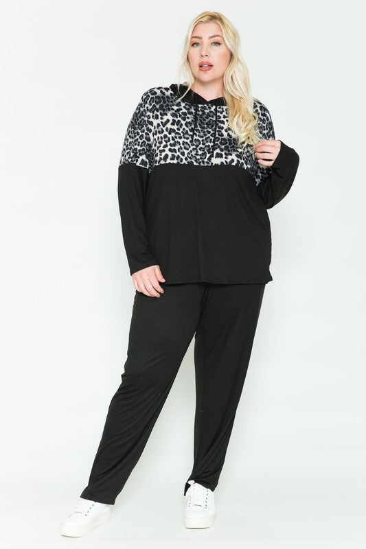 Black Gray Leopard 2 Piece Outfit Hooded Shirt Top & Pants