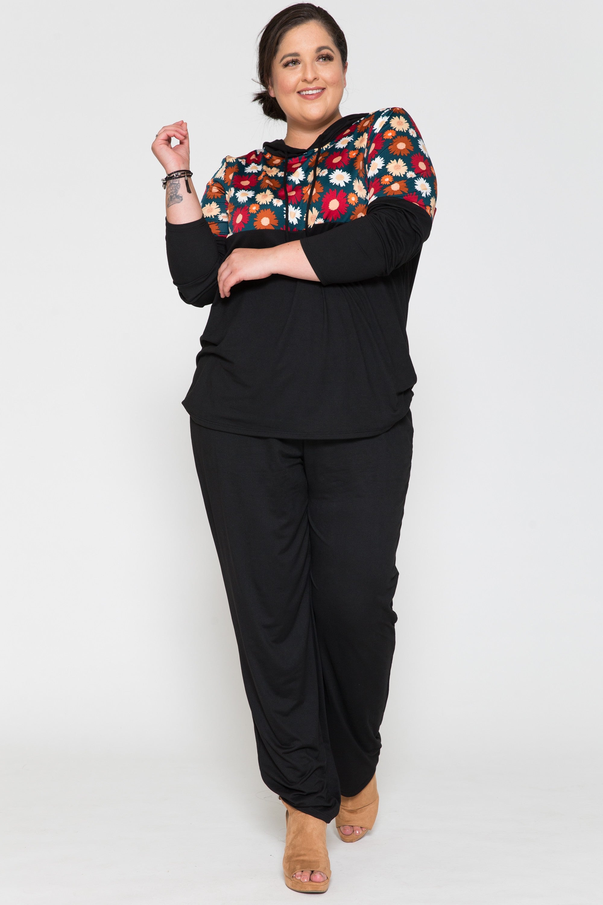 Black Floral 2 Piece Outfit Hooded Shirt Top & Pants