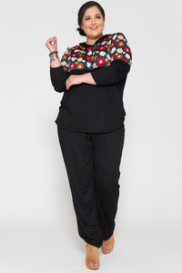 Black Floral 2 Piece Outfit Hooded Shirt Top & Pants