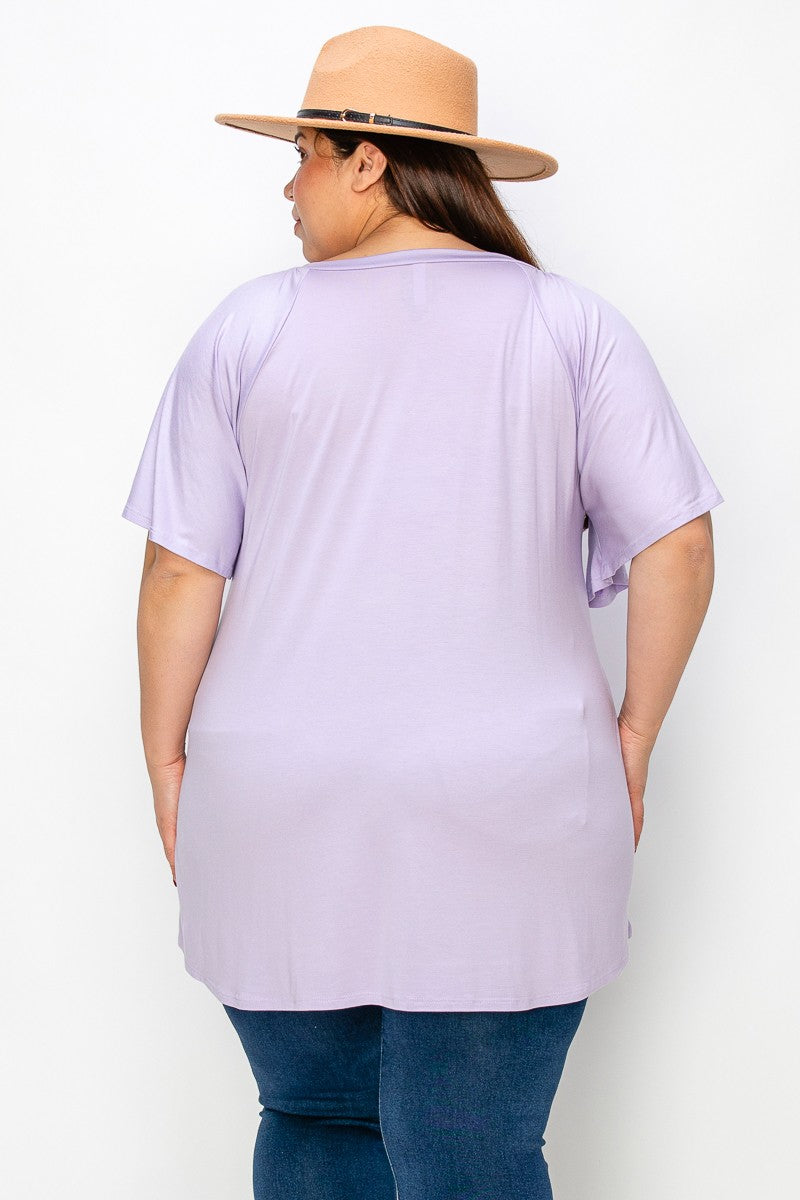 Solid Purple V neck Wide Sleeves Solid Color Tunic Top