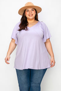 Solid Purple V neck Wide Sleeves Solid Color Tunic Top