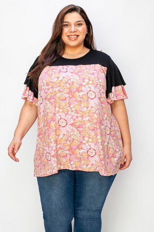 Black Shirred Pink Orange Floral Shirt Top