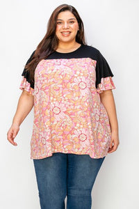 Black Shirred Pink Orange Floral Shirt Top
