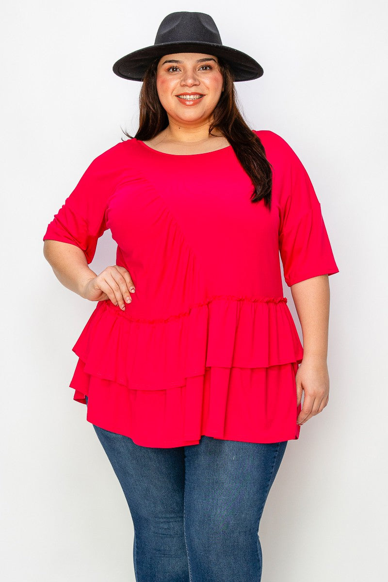Fuschia Pink Two Layer Hem Shirt Top w Front Detailing