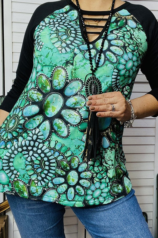 Turquoise printed black raglan sleeve top with/keyhole keyline shirt