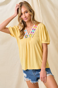Yellow Shirt Top w Flower Crochet Neckline