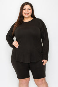 2 Piece Black Outfit Set Long Sleeve Top and Shorts