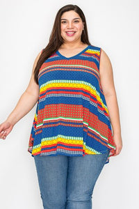 Blue Yellow Multi Print Sleeveless Tank Shirt Top