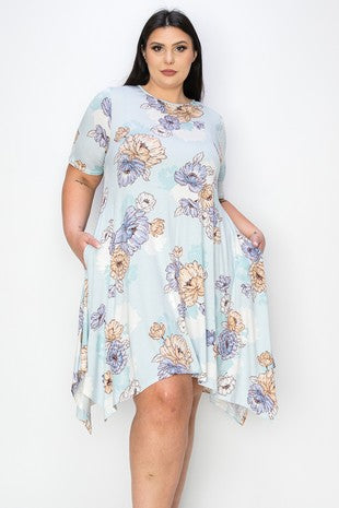 Beautiful Blue Floral Hankey Hem Dress w Pockets