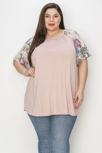 Light Mauve Shirred Contrast Floral Sleeves Tunic Top Shirt