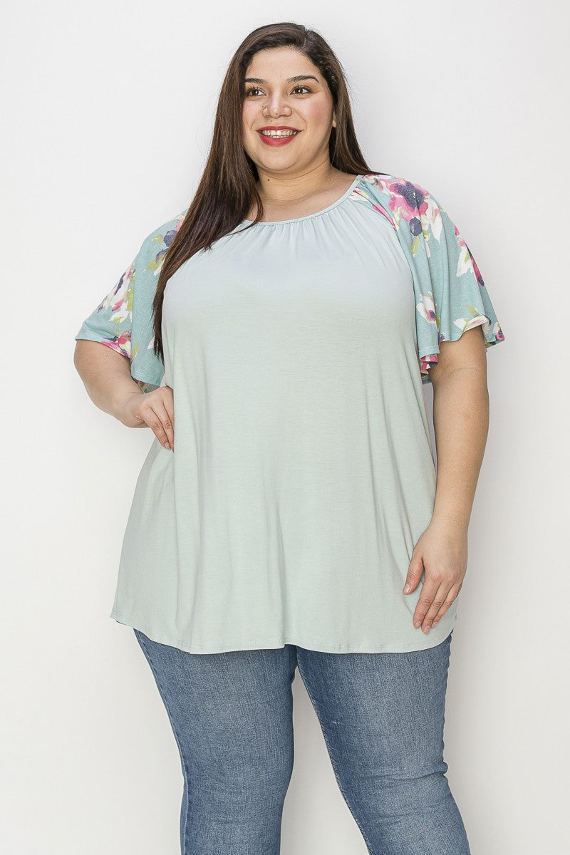 Mint Shirred Contrast Floral Sleeves Tunic Top Shirt