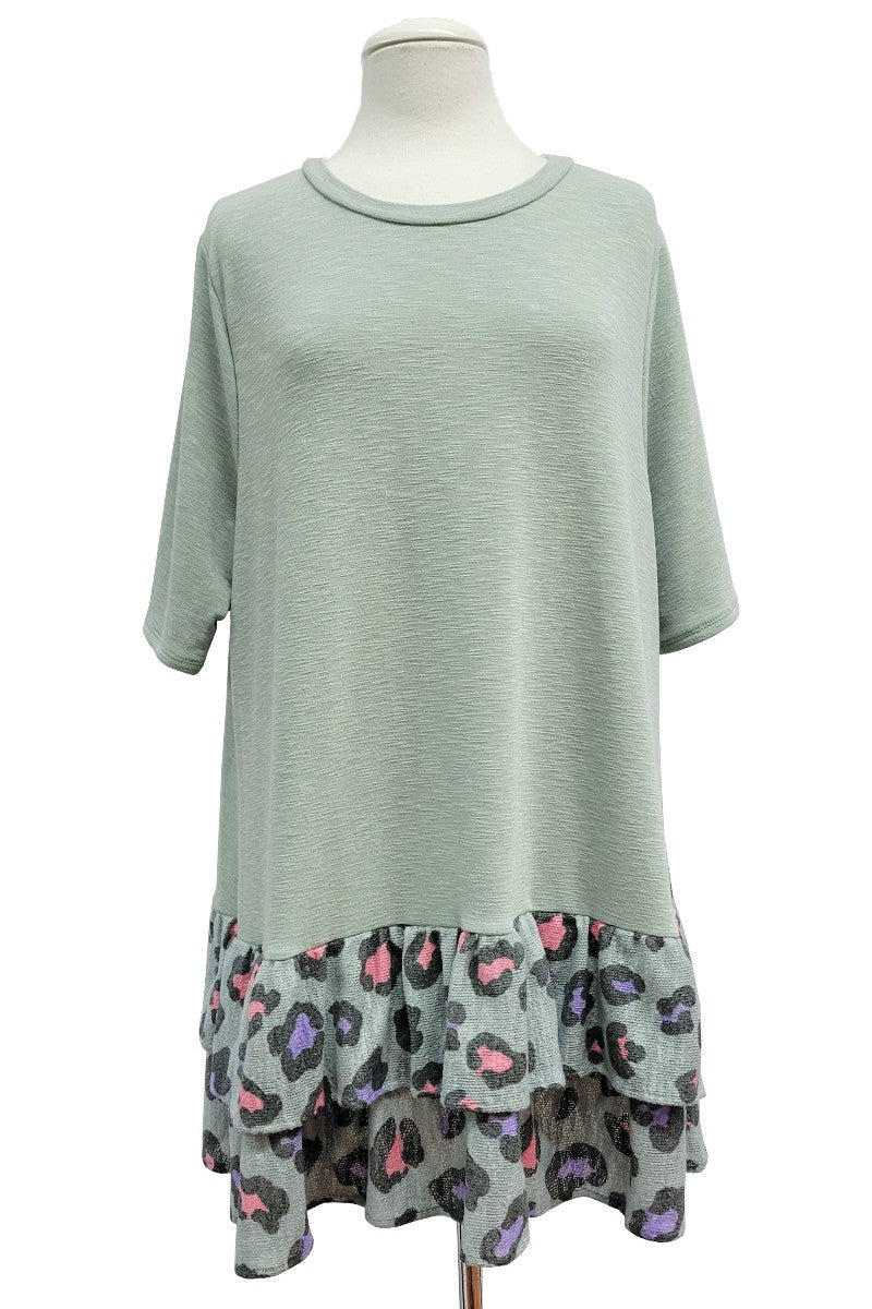 Light Sage Green Shirt Top w Leopard Frill Hem