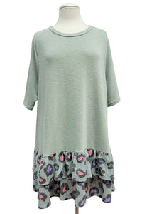 Light Sage Green Shirt Top w Leopard Frill Hem