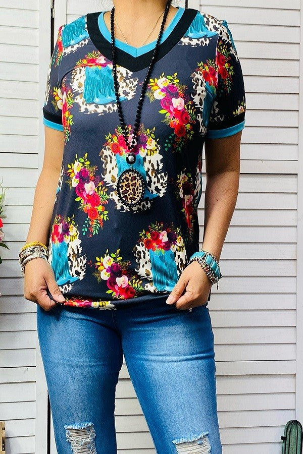 Turquoise leopard  floral cowboy boots printed short sleeve top
