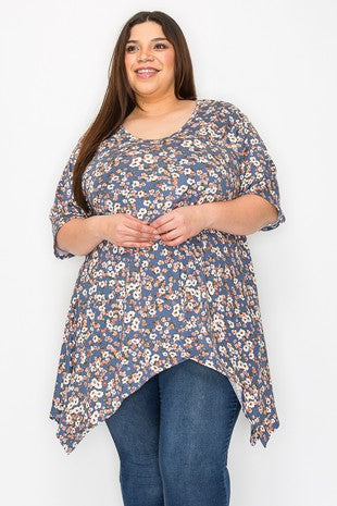 Blue Floral Sharkbite Asymetrical Shirt Top