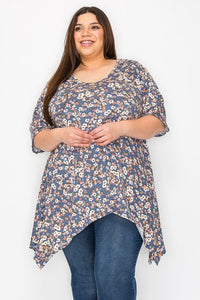 Blue Floral Sharkbite Asymetrical Shirt Top
