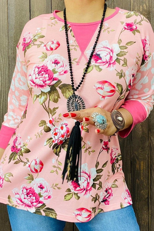 Light Pink Bright Pink Floral Leopard Shirt Top