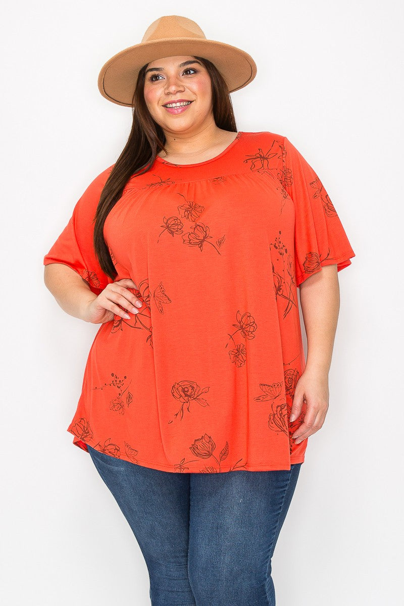 Orange Floral Shirred Shirt Top