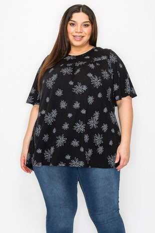 Black Floral Shirred Shirt Top