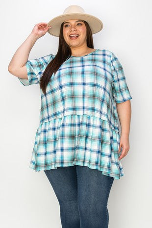 Blue Plaid Ruffle Hem Shirt Top