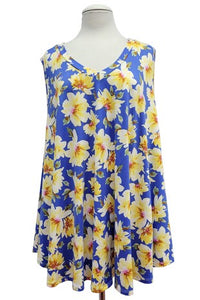 Bright Blue Yellow Floral Tank Top Shirt