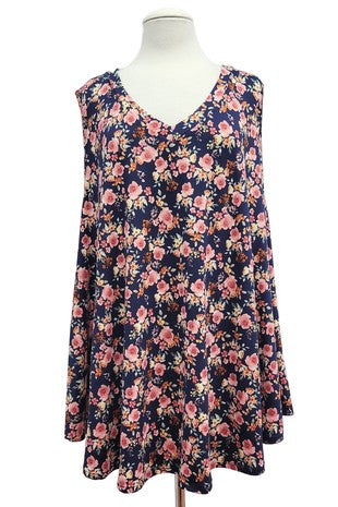 Navy Blue Floral V Neck Sleeveless Tank Top Shirt