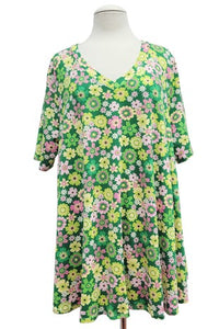 Green Yellow Pink Retro Floral Shirt Top Tunic