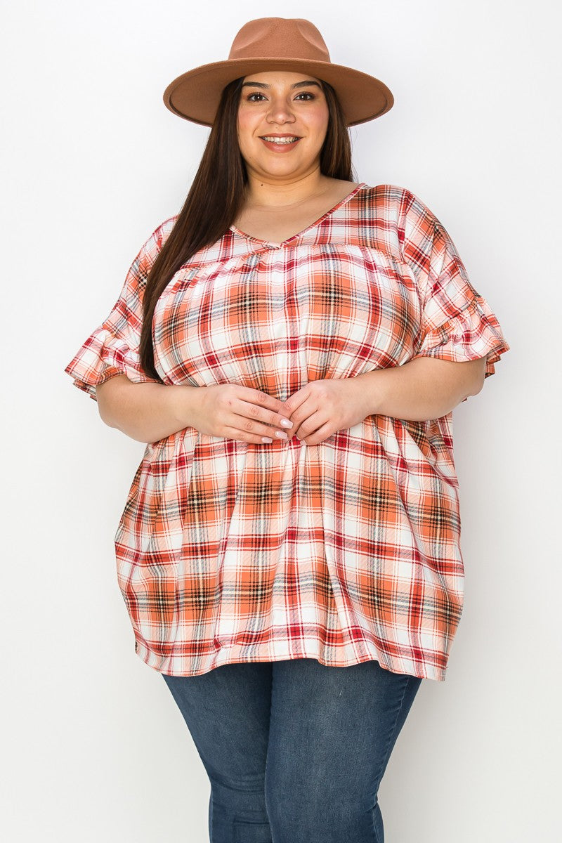 Orange Red Plaid Shirt Top