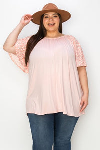 Light Pink Shirred Shirt Top w Light Pink Leopard Sleeves