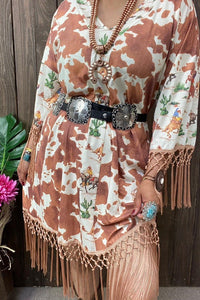 Brown Cow Print Fringe Dress