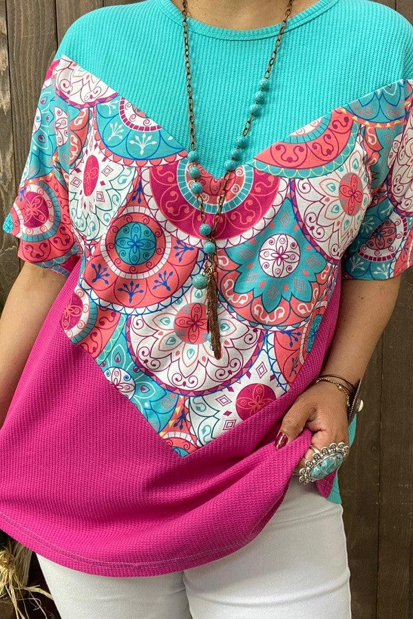 Turquoise and Fuchsia  Colorblock Shirt Top