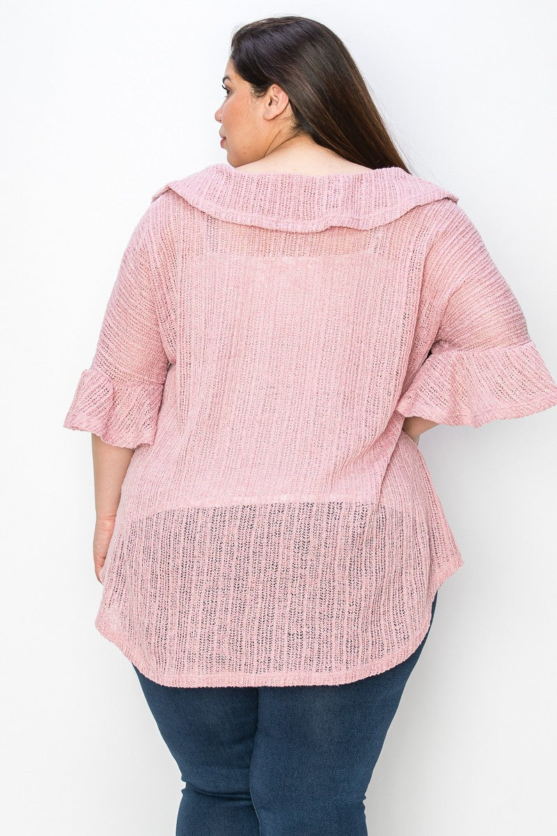 Light Rose Pink Lightweight Sweatery Fabric Ruffle Neck Tunic Shirt Top