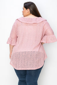 Light Rose Pink Lightweight Sweatery Fabric Ruffle Neck Tunic Shirt Top