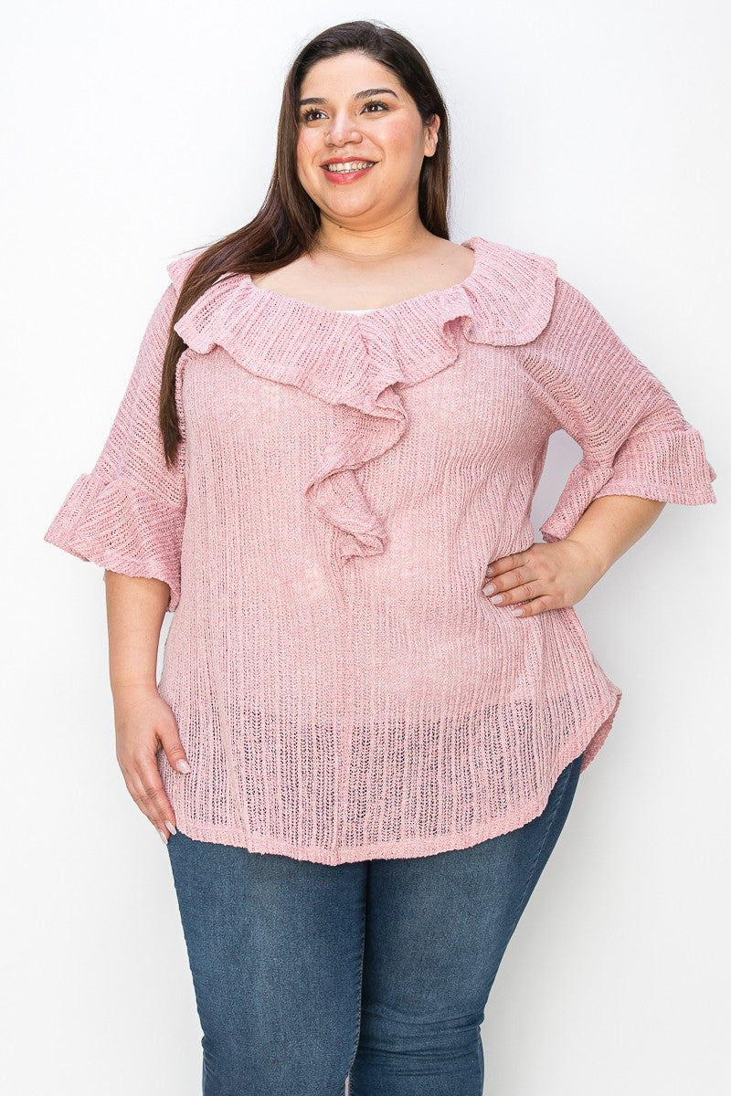 Light Rose Pink Lightweight Sweatery Fabric Ruffle Neck Tunic Shirt Top