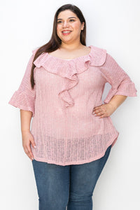 Light Rose Pink Lightweight Sweatery Fabric Ruffle Neck Tunic Shirt Top