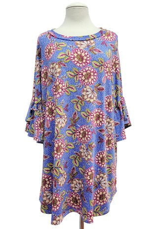 Blue Pink Floral Shirt Top Tunic