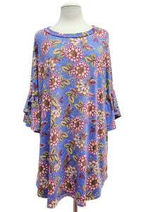 Blue Pink Floral Shirt Top Tunic