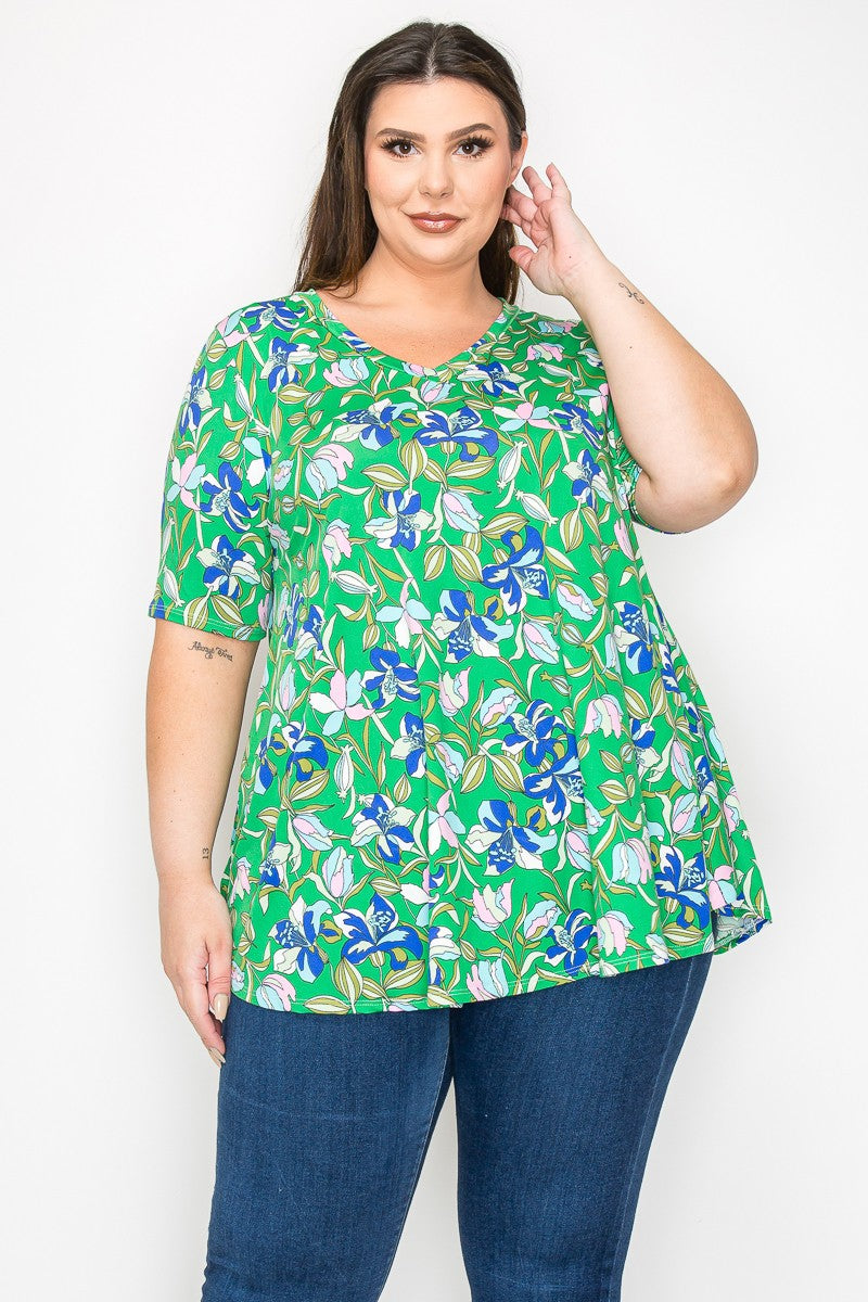Green Blue Floral V Neck Shirt Top