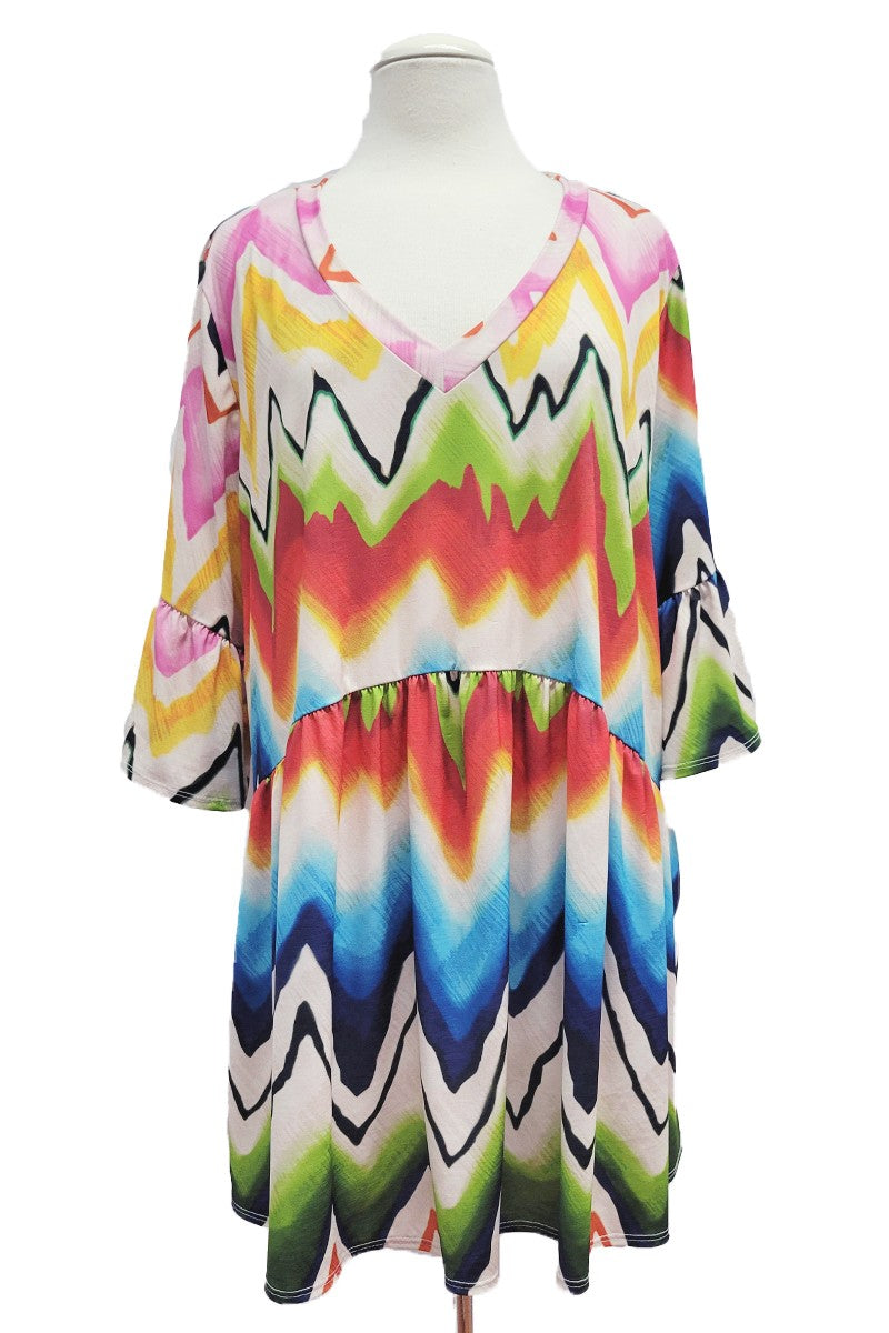 Bright Chevron V Neck Babydoll Shirt Top Tunic