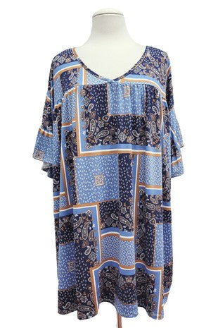 Blue Brown Paisley Patchwork Shirt Top