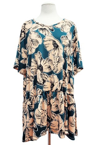 Green Shirt Top w Tan Beigey Floral Pattern Tunic