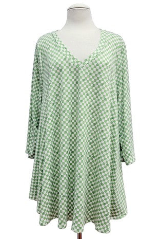 Green White Small Check Square Flower Shirt Top