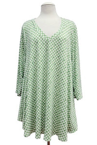 Green White Small Check Square Flower Shirt Top