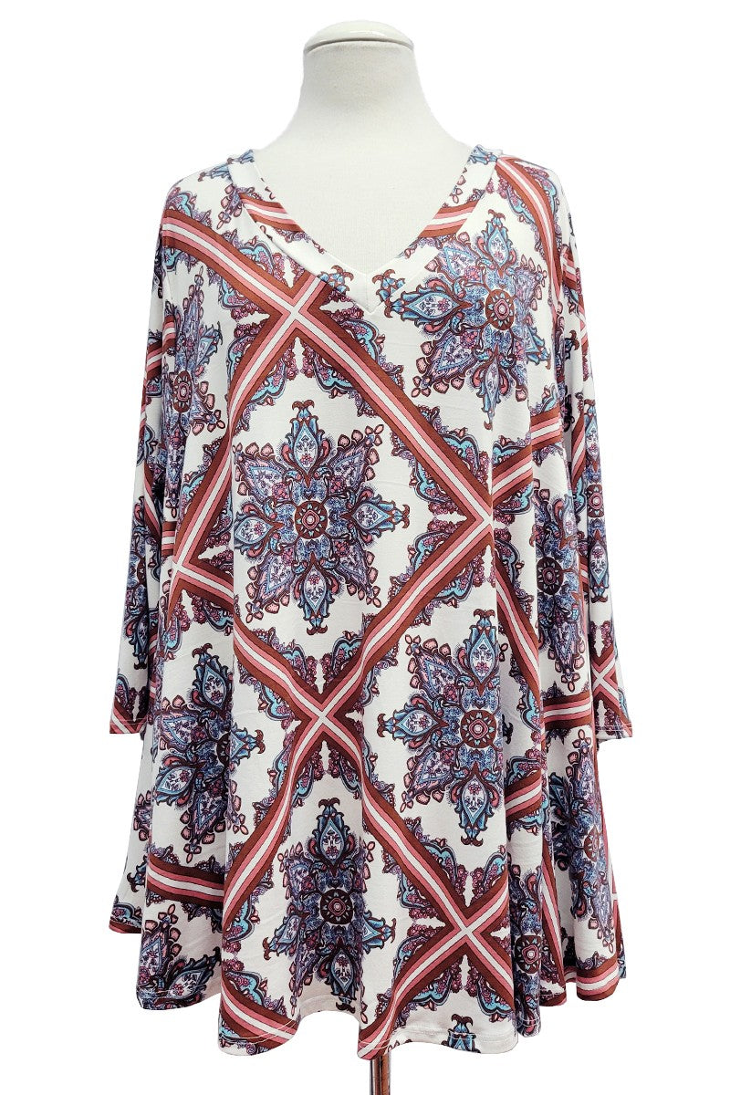 White Brown Coral Burgundy Blue Design Shirt Top