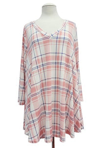 Pink Peach Blue Plaid Shirt Top Tunic V Neck