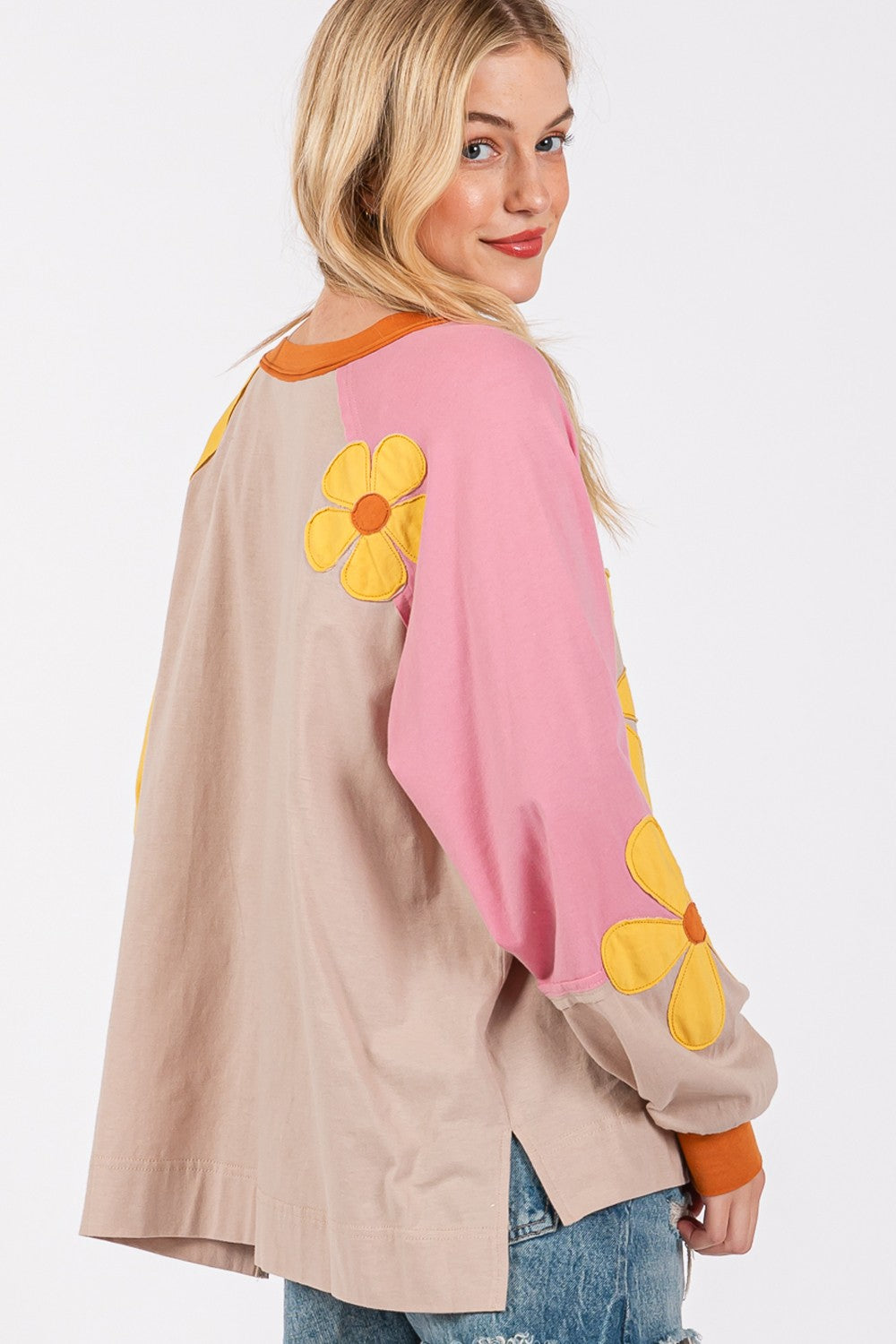 Pink Yellow Beige Floral Daisy Shirt Top