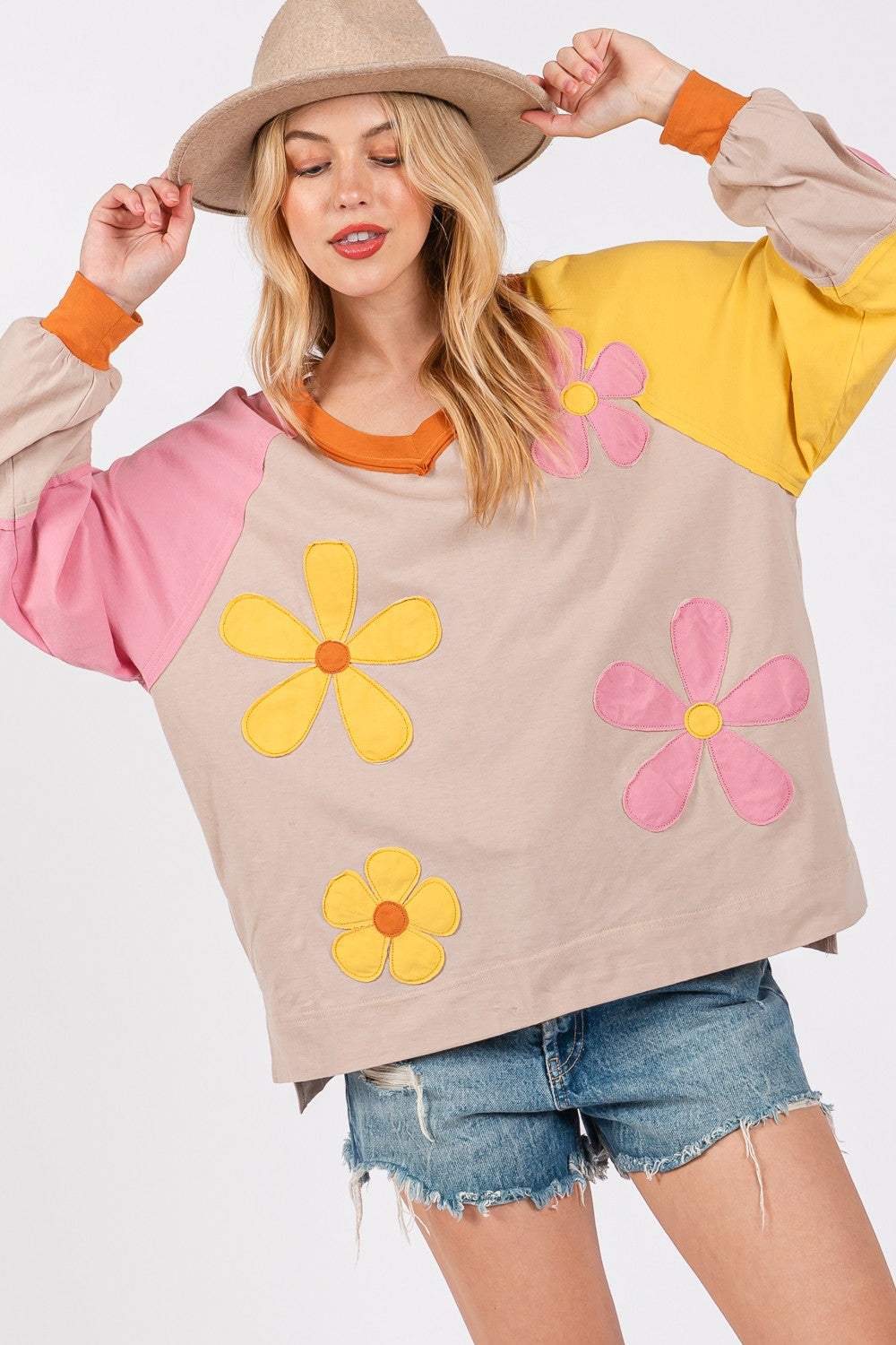 Pink Yellow Beige Floral Daisy Shirt Top